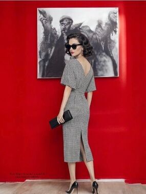 ZARA Black and White Houndstooth Midi Belted Dress 100% Cotton Size: XS